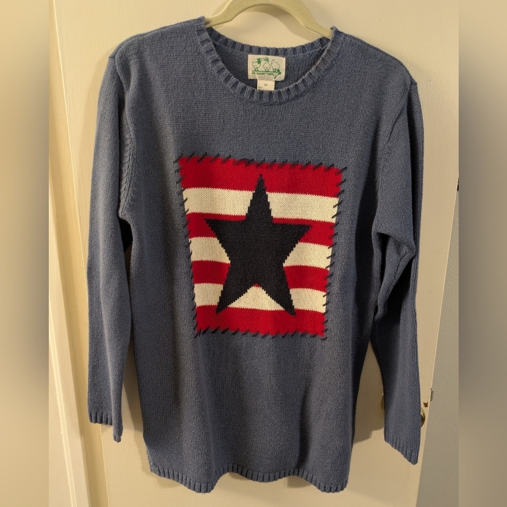 Quacker Factory Vintage Blue Star Crewneck Sweater